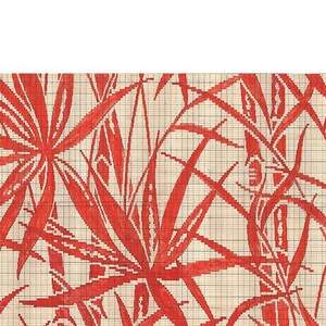 May include: Red and white geometric pattern with a grid background. The pattern features stylized leaves and branches.