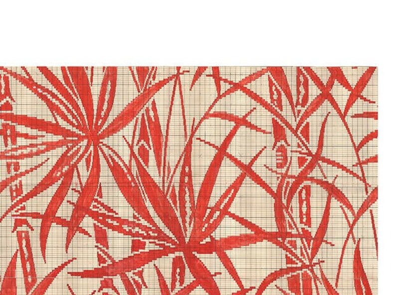 May include: Red and white geometric pattern with a grid background. The pattern features stylized leaves and branches.