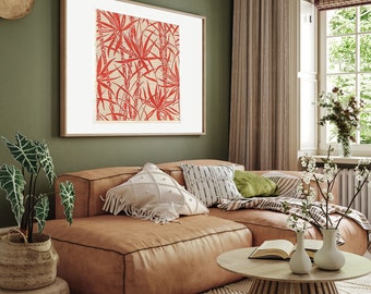 Red Bamboo Art Print: Vintage Jacquard Textile Design