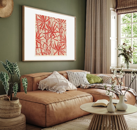 Red Bamboo Art Print: Vintage Jacquard Textile Design