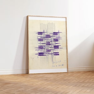 May include: A framed abstract art print with a grid pattern and purple lines. The print is on a beige background and has handwritten text in the bottom right corner that reads "Geo 6548 400 x 10038".