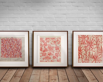 Set of 3 Red Point Paper Art Prints, Historic Tapestry Large Art Set, Detailed Red Triptych of Art Prints, Nature Inspired Red Line Art