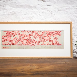 French 1910 Aztec Geometric Print: Crewel Work Fabric Painting