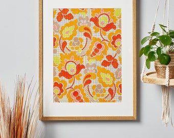 Retro Floral Textile Art Print: 1970s Style Wall Hanging