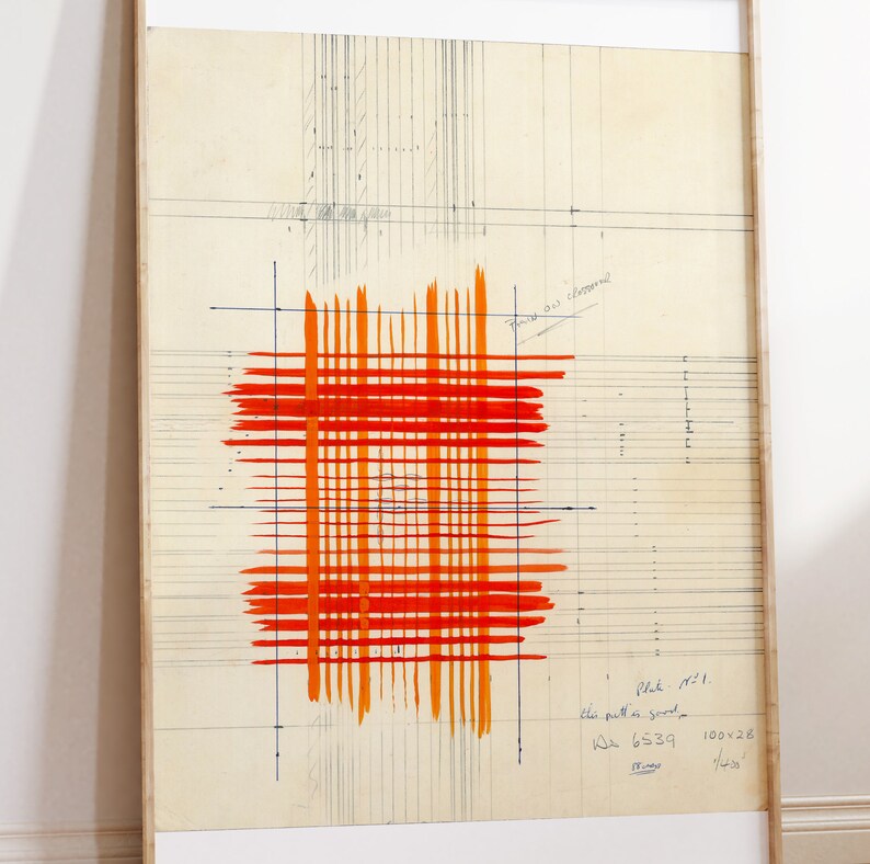 May include: A vintage abstract art print with a grid pattern in orange and red watercolour. The print has a handwritten note that says "This pattern is sound." and "No. 6539 100x28" in the bottom right corner.