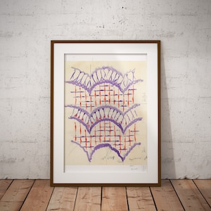 May include: A framed artwork featuring a geometric design in shades of purple and orange. The artwork is set against a white background and incorporates a grid pattern with curved lines.
