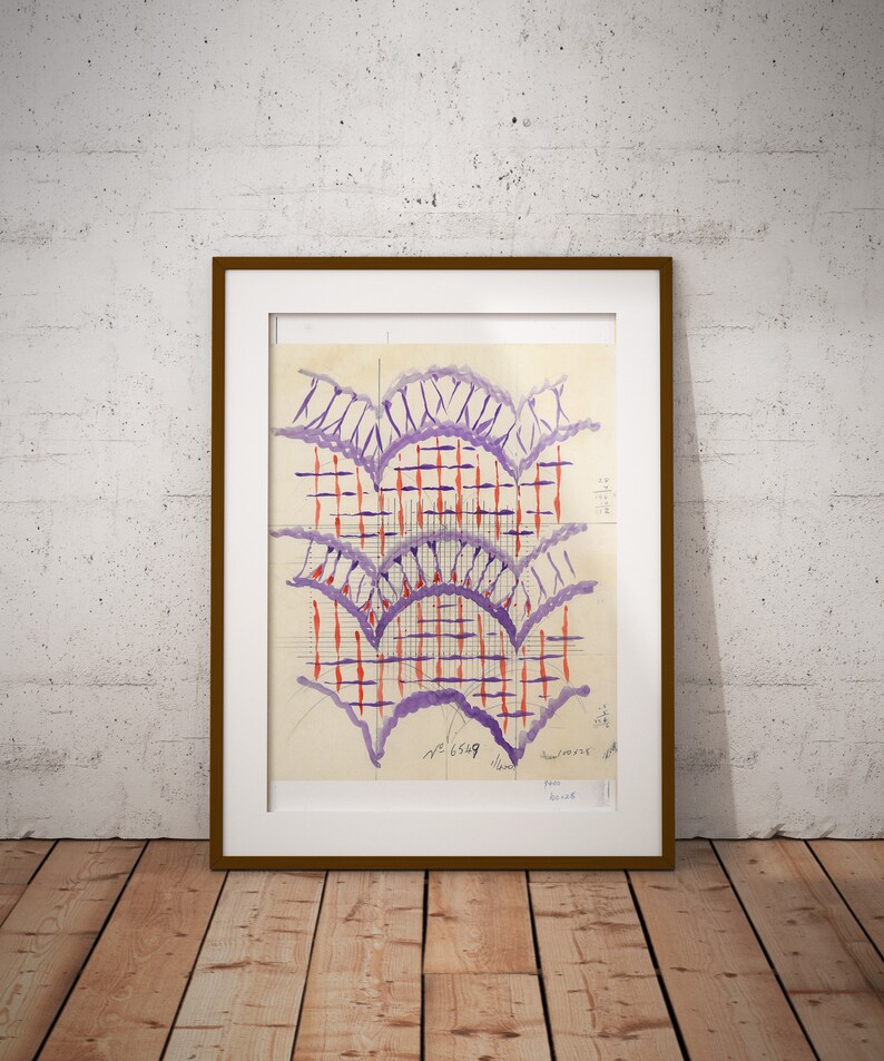 May include: A framed artwork featuring a geometric design in shades of purple and orange. The artwork is set against a white background and incorporates a grid pattern with curved lines.