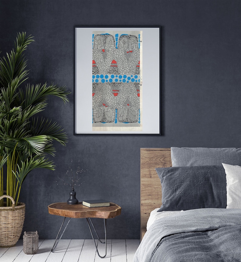 Quirky Boho Tapestry Art Print, Massive Contemporary Retro Art, Life Sized Colourful Art with History, Large Blue and Red Line Art image 1