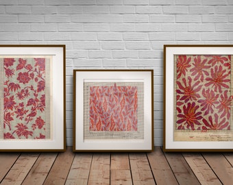 Red Vintage Woven Wall Art, Large Textile Fabric Art, Modern Red Floral Tapestry, Large Set of 3 Vintage Posters, Matching Red Wall Art