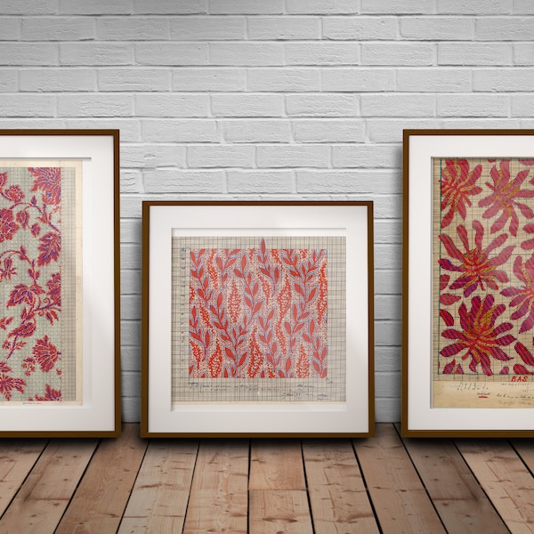 Vintage Textile Art Print Set: Red Floral Tapestry Posters