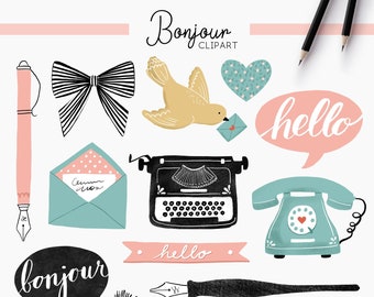 Bonjour. Postal clipart, post, mail clipart, planner, vintage telephone clipart, typewriter clipart, retro clipart, hello clipart, ink pen