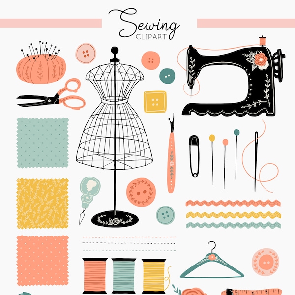 Sewing Clipart, Vintage Sewing Clipart, antique sewing machine, retro, sew, dress form, mannequin, dress dummy, buttons, hand drawn clip art
