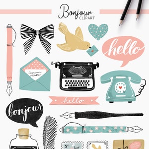Bonjour. Post Clipart, Post, Mail Clipart, Planer, Vintage Telefon Clipart, Schreibmaschine Clipart, Retro Clipart, Hallo Clipart, Tintenstift