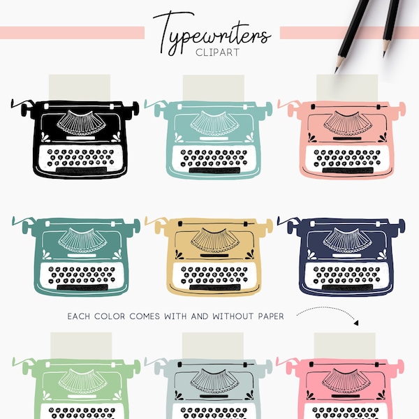 Typewriter Clipart. Hand drawn clip art, vintage typewriter, retro, antique, pink, Bonjour, by Patten Graphics
