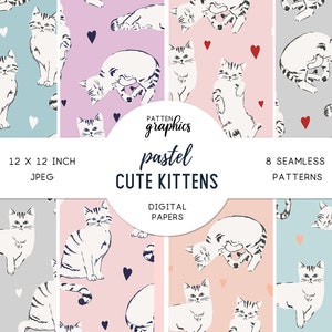 Papier numérique joli chat, modèle sans couture pastel chatons, chaton de la Saint-Valentin, chats mignons et coeurs roses, chats de la Saint-Valentin - CuteKittens