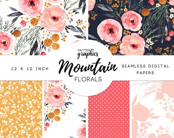 Rustic Boho Floral Digital Paper, Watercolor Floral Seamless Pattern, Pink Coral Roses, Yellow, Wildflower, Scrapbook - MountainFlorals