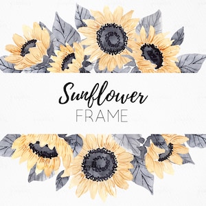 Sunflower Frame Clipart, Horizontal Floral Wreath, Watercolor Flower Border, by Patten Graphics, SweetSunflower