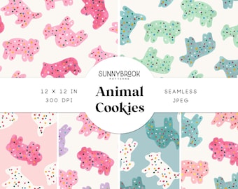 Animal Cookies Party Digital Paper | Frosted Animal Cookies Seamless Pattern | Iced Sprinkle Circus Animal Crackers | Blue | Commercial Use