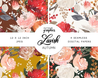 Autumn Floral Digital Paper, Watercolor Fall Seamless Pattern Background, in Rust, Peach, Hunter Green, Mustard - LavishAutumn