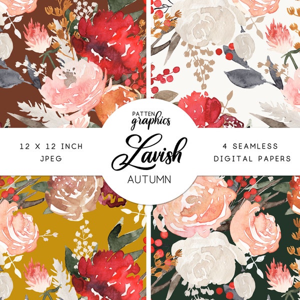 Autumn Floral Digital Paper, Watercolor Fall Seamless Pattern Background, in Rust, Peach, Hunter Green, Mustard - LavishAutumn