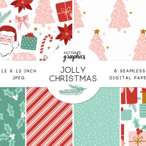 Niedliches digitales Weihnachtspapier, Urlaub nahtlose Muster, in Rosa, Rot und Grün, Weihnachtsmann Oberflächenmuster, Pastell, Digitales Scrapbook Papier