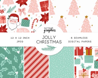 Cute Christmas Digital Paper, Holiday Seamless Patterns, in Pink, Red, and Green, Santa Surface Pattern, Pastel, Digital Scrapbook Paper