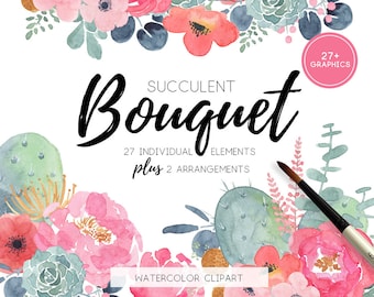 Watercolor bouquet clipart, Watercolor floral clipart, Watercolor succulent clipart, Watercolor flower clipart, Cactus - SucculentBouquet