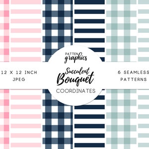 Op de afbeelding: Zes naadloze digitale papierpatronen in JPEG-formaat van 12x12 inch. De patronen omvatten roze en witte ruit, roze en witte strepen, donkerblauw en witte ruit, donkerblauw en witte strepen, lichtblauw en witte ruit en lichtblauw en witte strepen. De patronen zijn gemarkeerd met "Succulent Bouquet Coordinates".