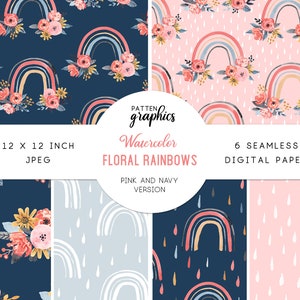 Papier numérique aquarelle arc-en-ciel, motif floral sans couture arc-en-ciel, fond arc-en-ciel, rose et bleu marine - FloralRainbows