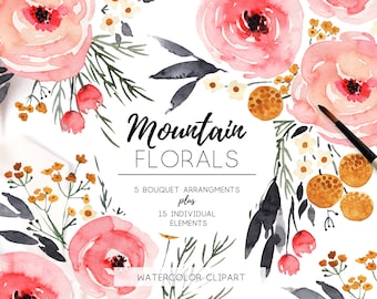 Boho Watercolor Floral Clipart, Watercolor flowers clipart, Rustic floral clip art, Coral, Pink, Mustard, Roses, Wildflower - MountainFloral