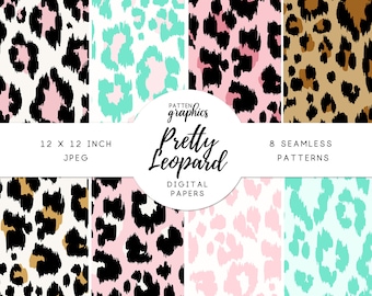 Leopard Digital Paper, Cheetah Pattern, Digital Repeatable Pattern, Animal Print in Teal, Black and Pink