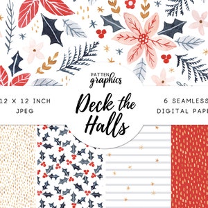 Peut inclure: Ensemble de papiers numériques avec des motifs floraux et végétaux à l'aquarelle. Les motifs comprennent des fleurs rouges, des feuilles bleu marine et des accents dorés sur fond blanc. Le texte "Deck the Halls" et "12 x 12 inch" est visible.