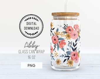 Floral glass can wrap, Glass can wrap boho, Libby glass wrap for sublimation, Beer can glass wrap png, 16 oz glass can sub file, Watercolor