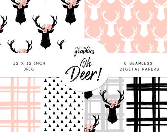 Oh Deer Digital Paper, Pink Floral Deer Head, Seamless Pattern, Black and White Silhouette with Flowers, Antlers, Mount, Plaid - OhDeer
