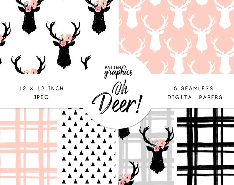 Oh Deer Digital Paper Pink Floral Deer Head Seamless Etsy