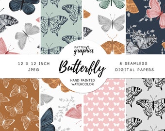 Butterflies Digital Paper, Seamless Butterfly Pattern, Watercolor Repeatable Pattern, Watercolor Butterfly, Neutral Pastel Pattern