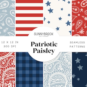 Puede incluir: Un conjunto de patrones digitales sin costuras de 30,5 x 30,5 cm con diseños paisley rojo, blanco y azul, estrellas, rayas y cuadros. Los patrones son perfectos para crear manualidades patrióticas, decoración del hogar y mucho más.