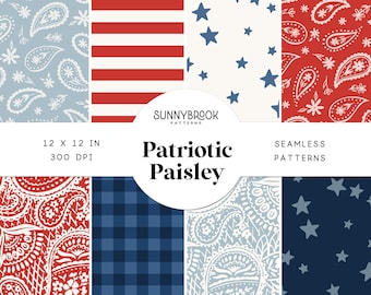 4th of July Seamless pattern, Patriotic Digital Paper, Red White & Blue Digital Paper, USA seamless, watercolor floral, stars, stripes