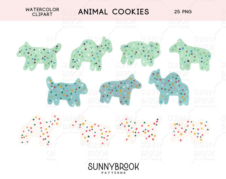 May include: A set of 25 watercolour animal cookie illustrations. The cookies are in the shape of a dog, cat, camel, horse, and pig. The cookies are decorated with colourful sprinkles.