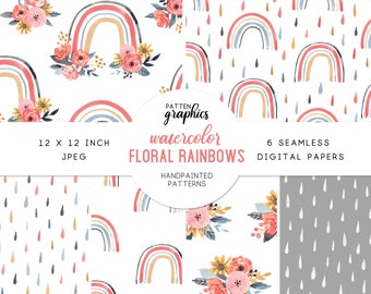 Watercolor Rainbow Digital Paper, Floral Rainbow Seamless Pattern, Rainbow Background, Vintage Style Coral, Pink, Neutral - FloralRainbows