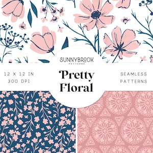 Digitales Papier, Rosa Floralnahtlose Datei, Digitales Papier mit Blumenmuster, Nahtloses Muster, Scrapbook, Pink, Marineblau, Blush - PrettyFloral
