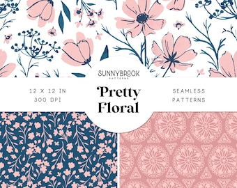 Digital Paper, Pink Floral Seamless File, Floral Digital Paper, Seamless Pattern, Scrapbook, Pink, Navy, Blush - PrettyFloral