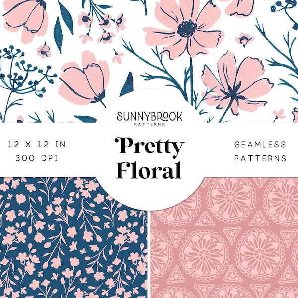 Digital Paper, Pink Floral Seamless File, Floral Digital Paper, Seamless Pattern, Scrapbook, Pink, Navy, Blush - PrettyFloral