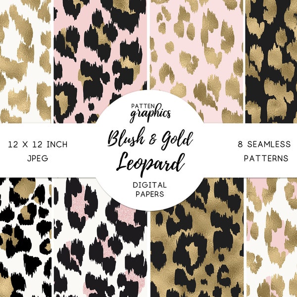 Pink & Gold Leopard Digital Paper, Black Cheetah Seamless Pattern, Digital Repeatable Pattern, Elegant Blush Luxury Animal Print