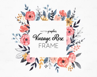 Coral & Navy Watercolor Floral Frame Clipart, Square Floral Frame, Border, by Patten Graphics, VintageRose