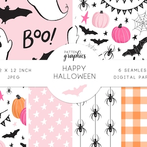 Lindo papel digital de Halloween, patrones sin costuras de Halloween en rosa, pastel dibujado a mano, calabazas rosas, papel para álbum de recortes digital - HappyHalloween