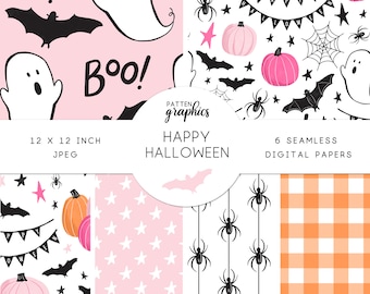 Cute Halloween Digital Paper, Pink Halloween Seamless Patterns, hand-drawn pastel, pink pumpkins, digital scrapbook paper - HappyHalloween