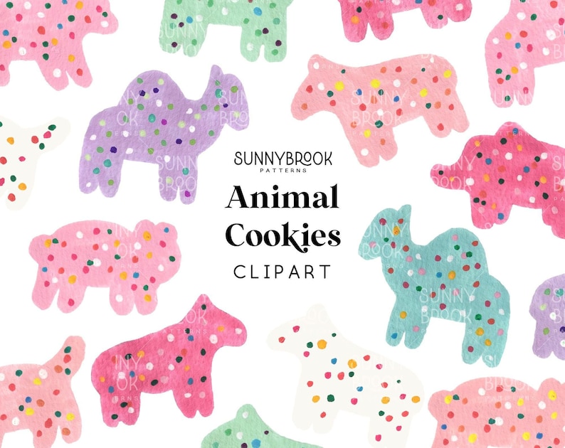 May include: A set of digital clipart images featuring various animal-shaped cookies with colourful sprinkles. The cookies are in the shapes of a camel, a horse, a pig, and a bear. The text "Sunnybrook Patterns Animal Cookies Clipart" is displayed in the centre of the image.