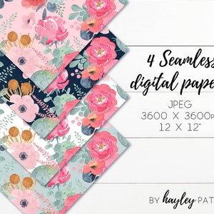 Puede incluir: Cuatro patrones de papel digital sin costuras con dise&ntilde;os florales de acuarela en tonos de rosa, azul y verde. Cada patr&oacute;n es de 3600 x 3600 p&iacute;xeles, o 12 x 12 pulgadas.