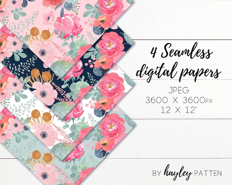 Puede incluir: Cuatro patrones de papel digital sin costuras con dise&ntilde;os florales de acuarela en tonos de rosa, azul y verde. Cada patr&oacute;n es de 3600 x 3600 p&iacute;xeles, o 12 x 12 pulgadas.